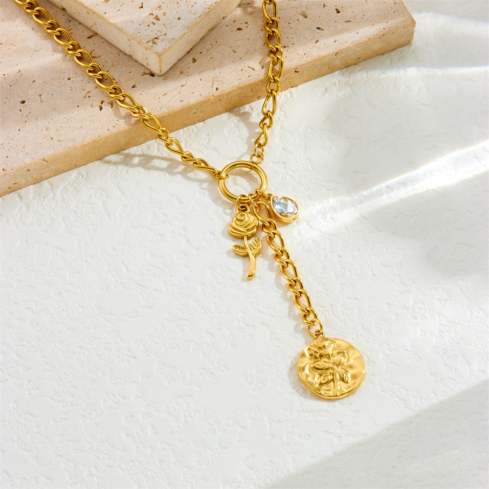 Fashion Stainless Steel Plated Long Tassel Necklace with Heart Floral Round Moon Sun Teardrop Shapes and Rhinestone Accents for Women
