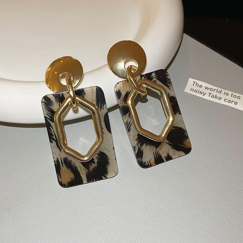 Vintage-Style Geometric Round Hoop Earrings for Women with Alloy Base Plated in Silver Tone Enamel Leopard Print and Rhinestone Inlay