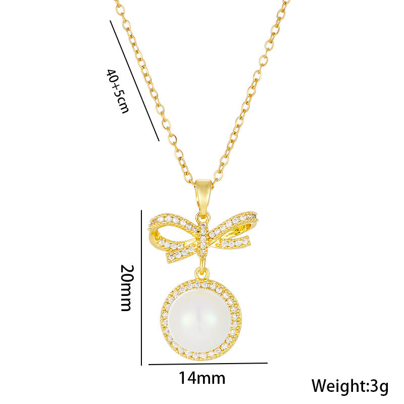 Elegante collana con ciondolo a fiocco e perla da donna in acciaio al titanio con finitura galvanica, leggera e ipoallergenica