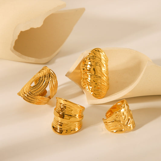 Geometric Textured Stainless Steel Ring for Women with Hammered Finish and Plated Surface