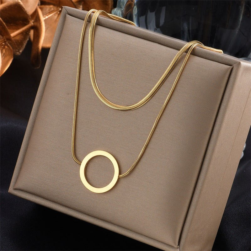Fashionable Irregular Geometric Heart-Shaped Titanium Steel Plated Gold Multi-Layer Necklace for Women