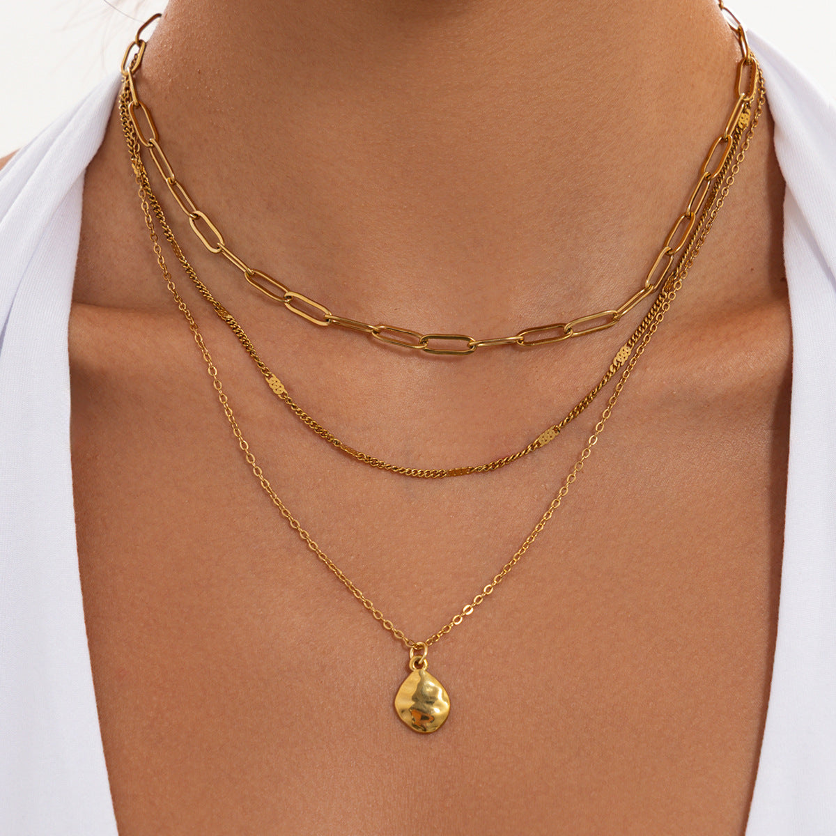 Hip-hop 18K Gold Plated Geometric Round Brushed Stainless Steel Pendant Necklace for Women