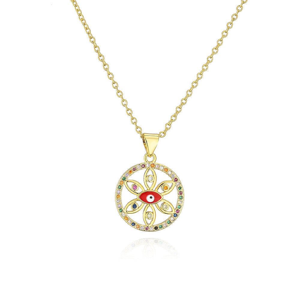 Bohemian Style Geometric Evil Eye Pendant Necklace in Copper with 18K Gold Plating and Enamel Finish, Set with Zircon