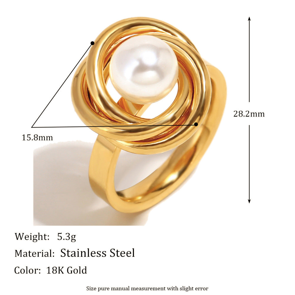 Vintage Style Geometric Stainless Steel Ring with 18K Gold Plating and Pearl Accent for Women