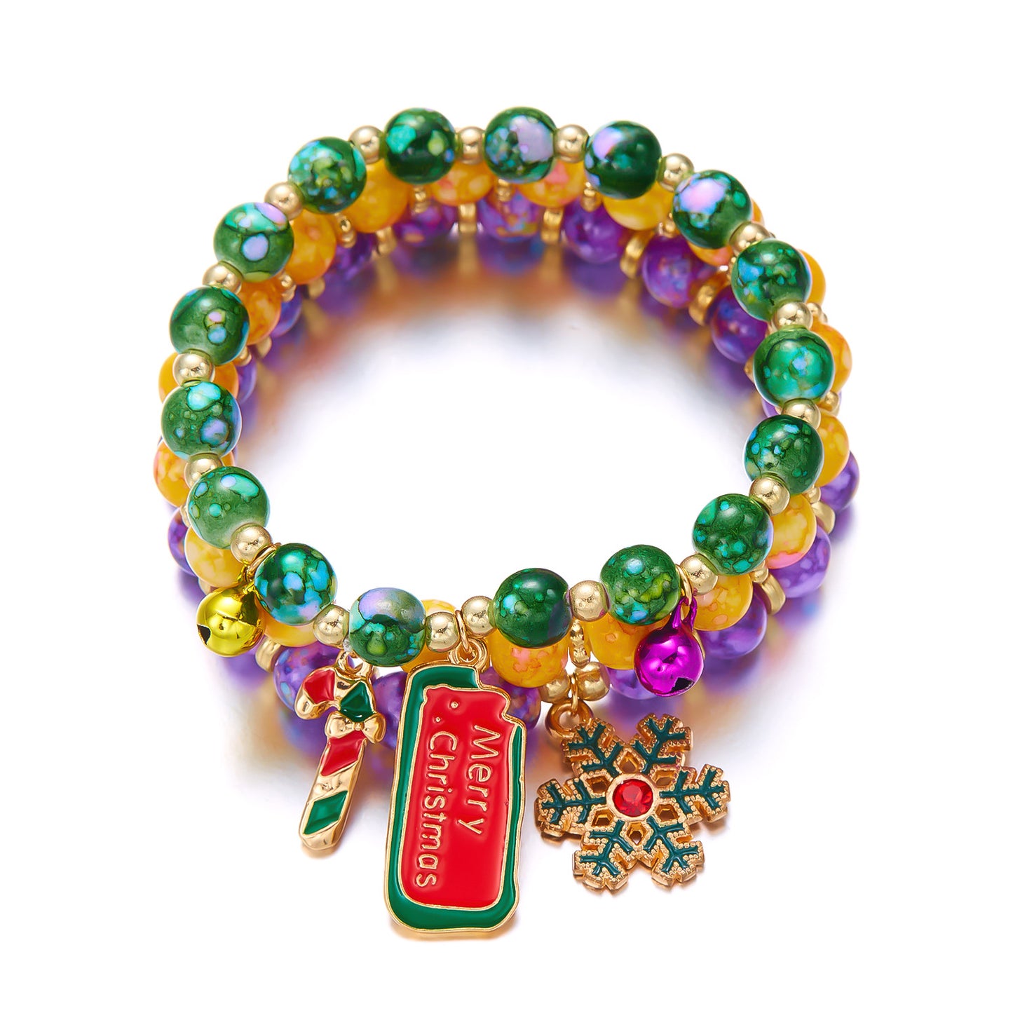 Handmade Alloy Christmas Tree and Santa Claus Beaded Bracelet Set with Snowflake Accents for Women