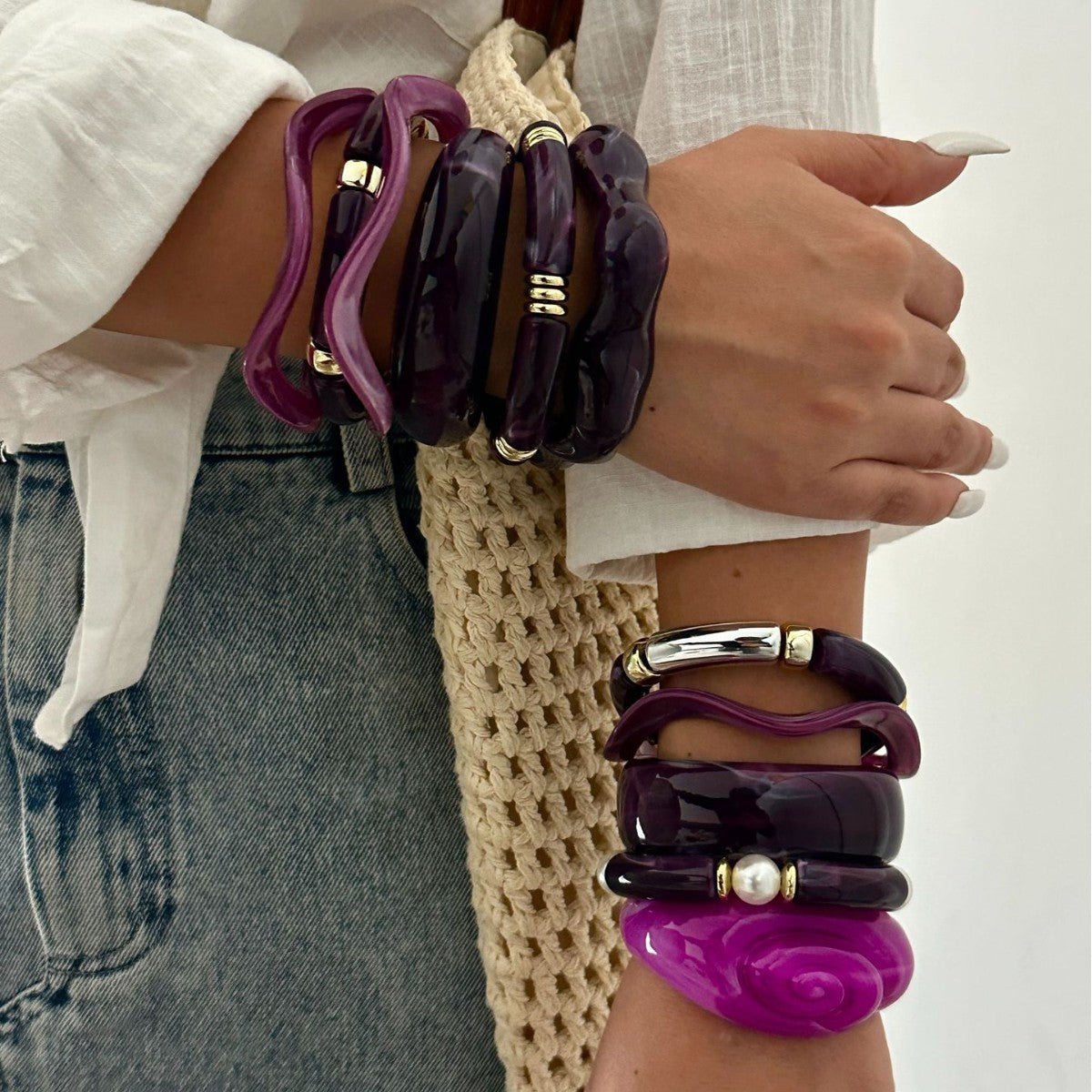 Set di bracciali vintage viola in acrilico con effetto goccia d'olio, gioielli alla moda con forme geometriche rotonde e quadrate