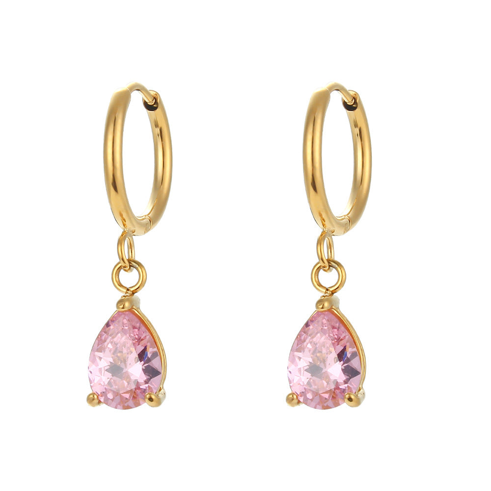 Pendientes geométricos de acero inoxidable a la moda con chapado en oro de 18 quilates y detalles de circonita en forma de lágrima para mujer