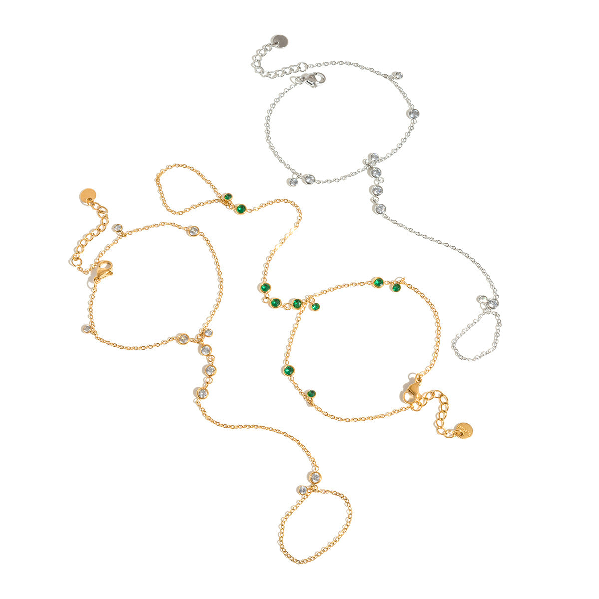 Minimalist Geometric Round Green Rhinestone Plated Stainless Steel Linked Ring Bracelet for Women
