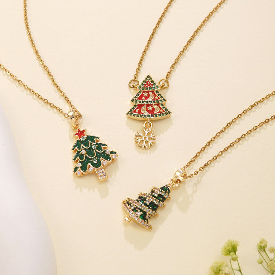 Luxury Stainless Steel Christmas Tree Snowman Bow Necklace with Glass Inlay Brass Pendant for Women
