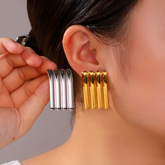 Minimalist Geometric Stainless Steel Earrings with Triple Wave Texture and 18K Gold Plating for Women