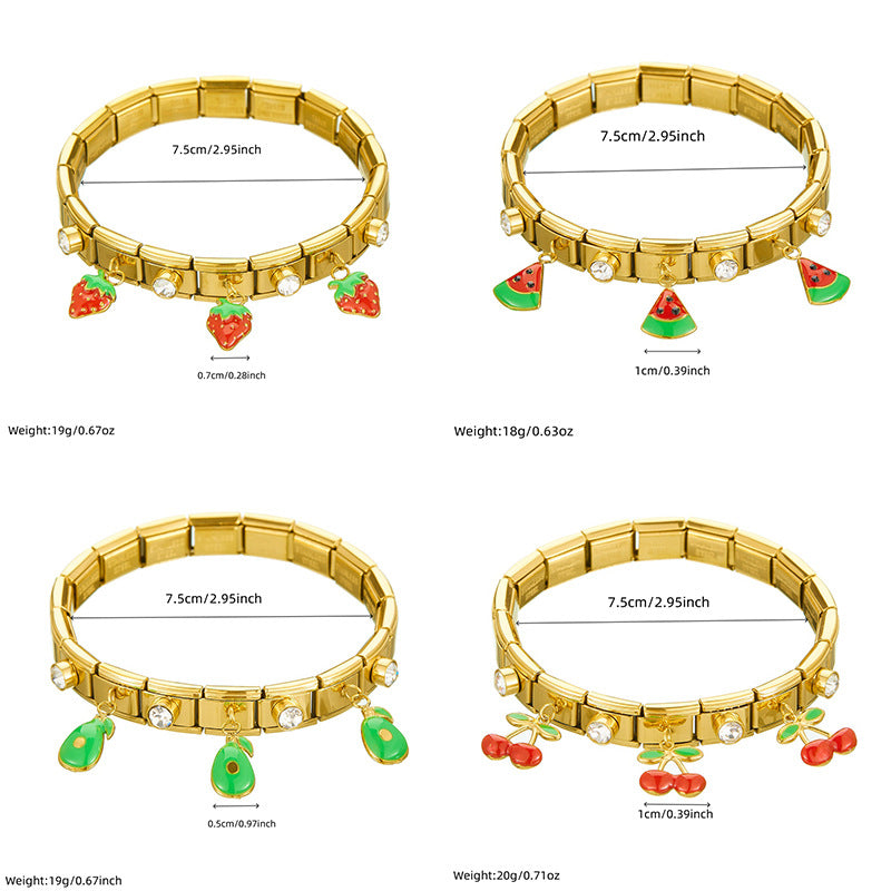 Sweet Fruit Series Drip Oil Rhinestone Inlay Gold Plated Stainless Steel Bracelet