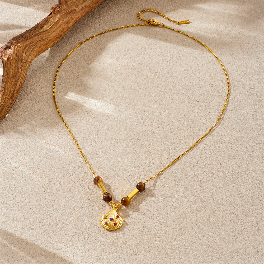 Vintage Gold Plated Stainless Steel Necklace with Cubic Zirconia and Tiger Eye Agate Beads