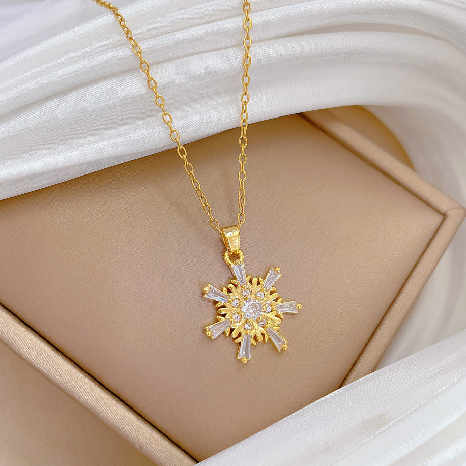 Minimalist Snowflake Pendant Necklace for Women with Titanium Steel Chain and Rhinestone Inlay
