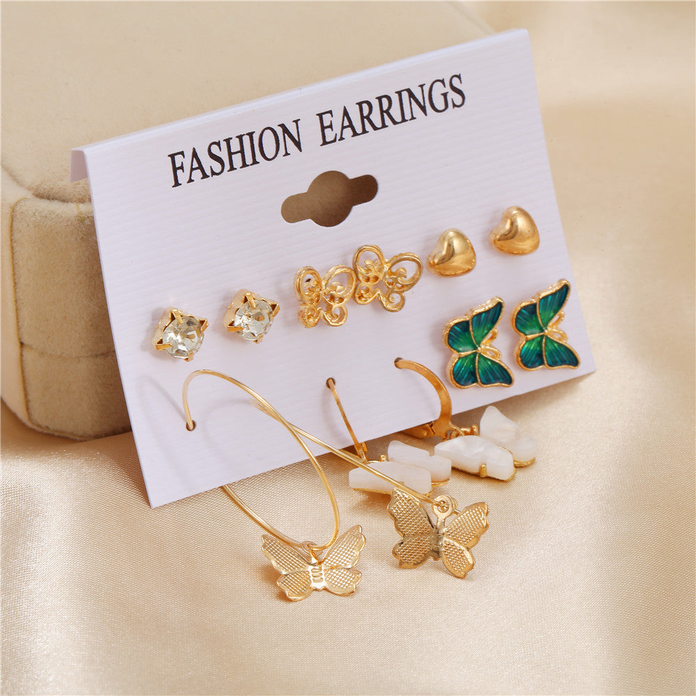 Bohemian Minimalist Butterfly and Heart Acrylic Rhinestone Stud Earrings Set Alloy Plated