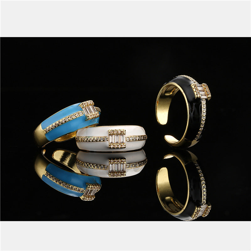 Geometric Micro-inlay Cubic Zirconia 18K Gold Plated Drip Oil Brass Ring for Women