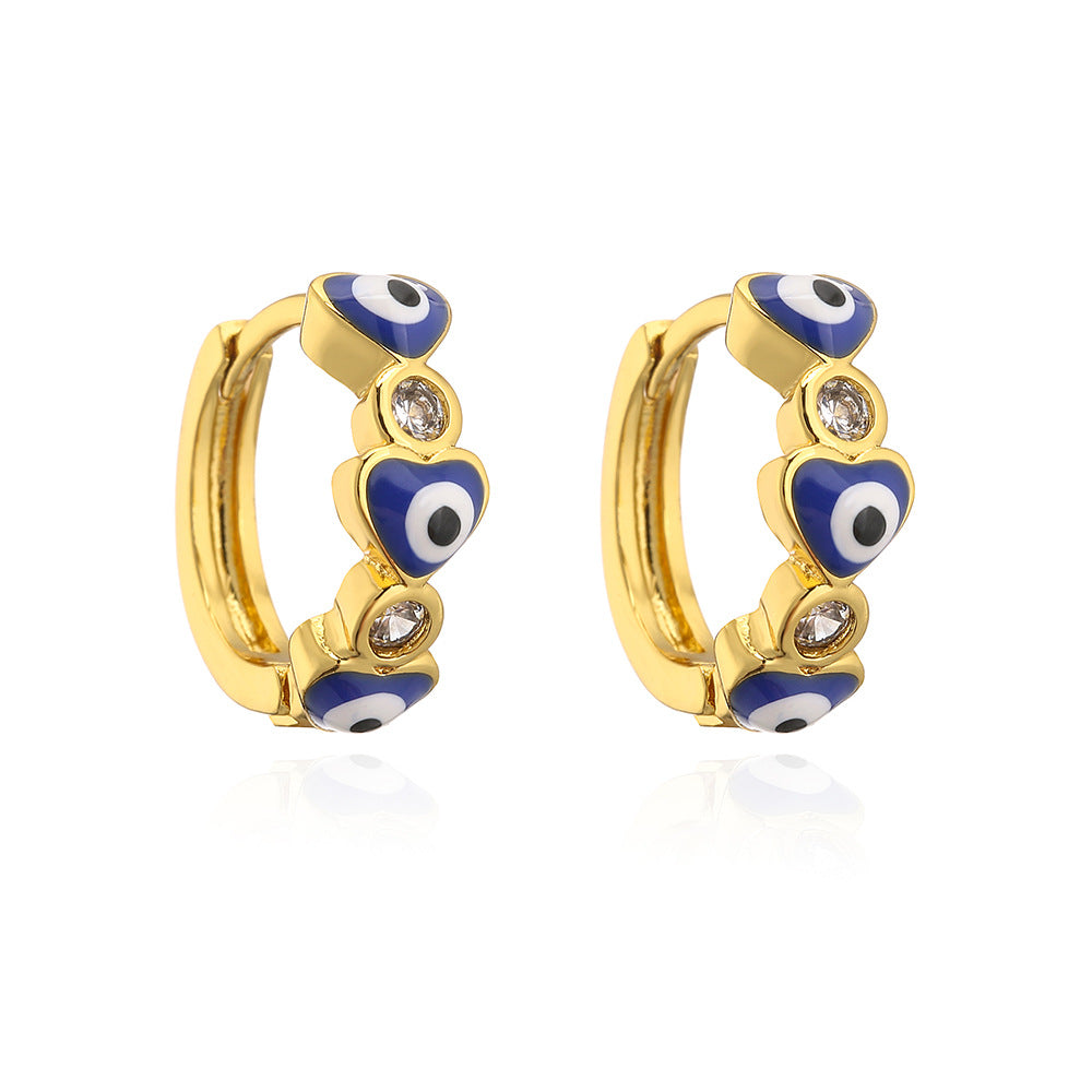 Geometric Demon Eye Earrings for Women with Copper Base Plated in Real Gold and Micro-Paved Zirconia with Enamel Finish