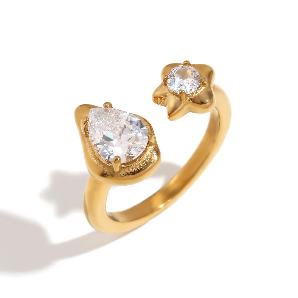 Anello asimmetrico da donna a forma di goccia con stella in zircone, in acciaio inossidabile placcato oro 18K
