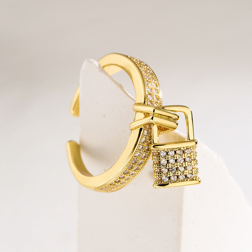 Anello geometrico in rame a forma di cuore con micro-pavé di zirconi per donna, fascia alla moda e unica