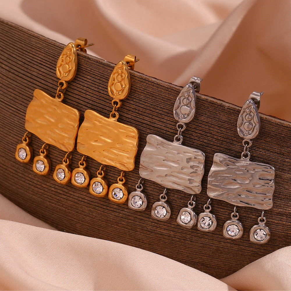 Bohemian Style Geometric Stainless Steel Earrings with 18K Gold Plating and Round Zircon Accents for Women