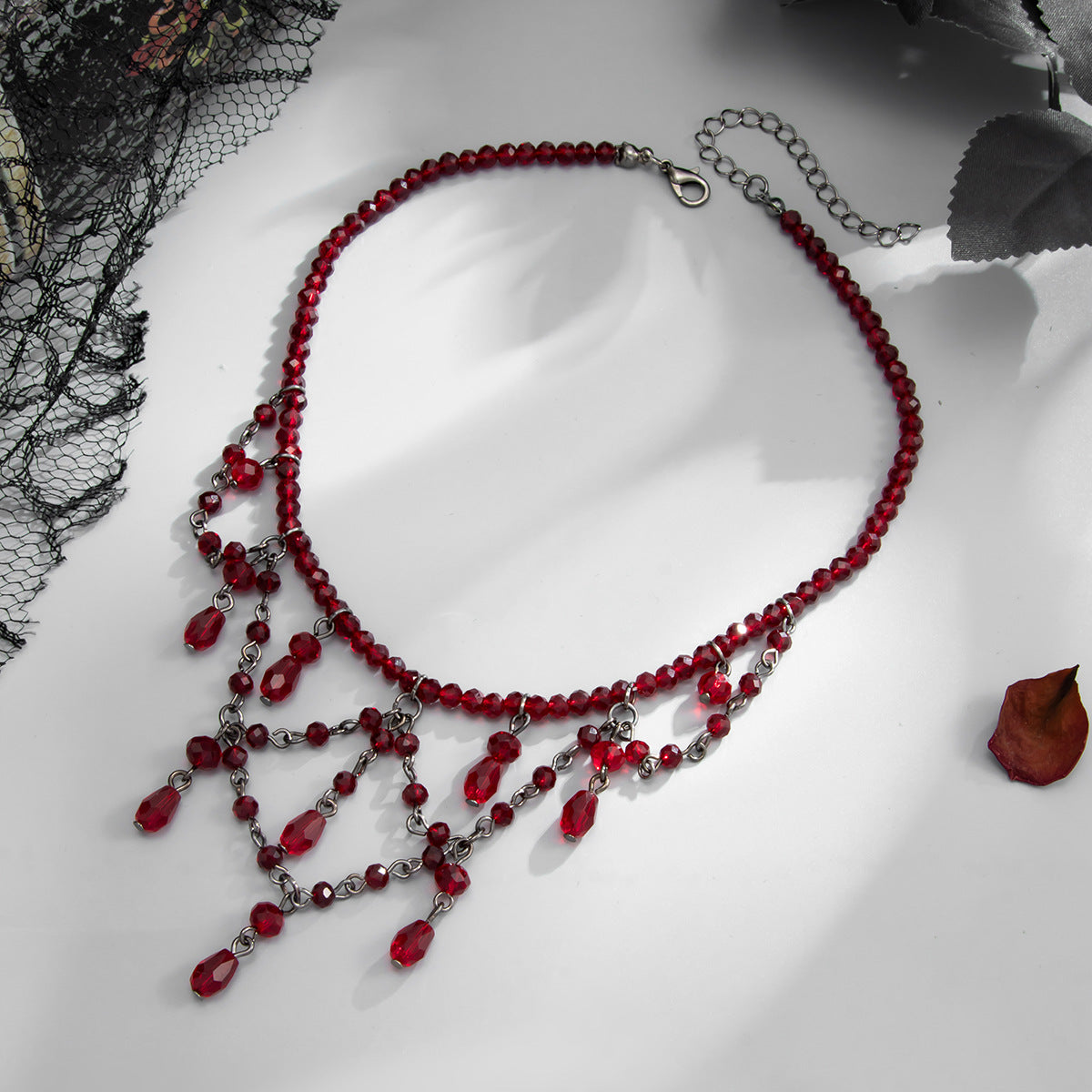 Gothic Red Crystal Teardrop Pendant Drip Oil Tassel Necklace for Women