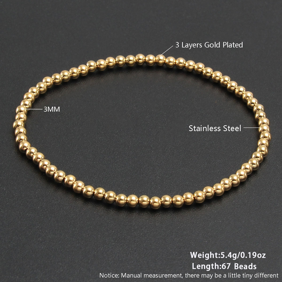 Gold Plated Stainless Steel Ball Chain Bracelet Unisex Elastic Beaded Hand String