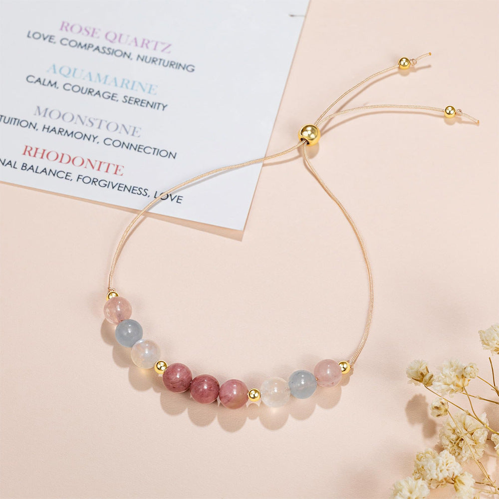 Natural Agate and Pink Crystal Beaded Bracelet Adjustable Geometric Round Handmade Jewelry for Unisex