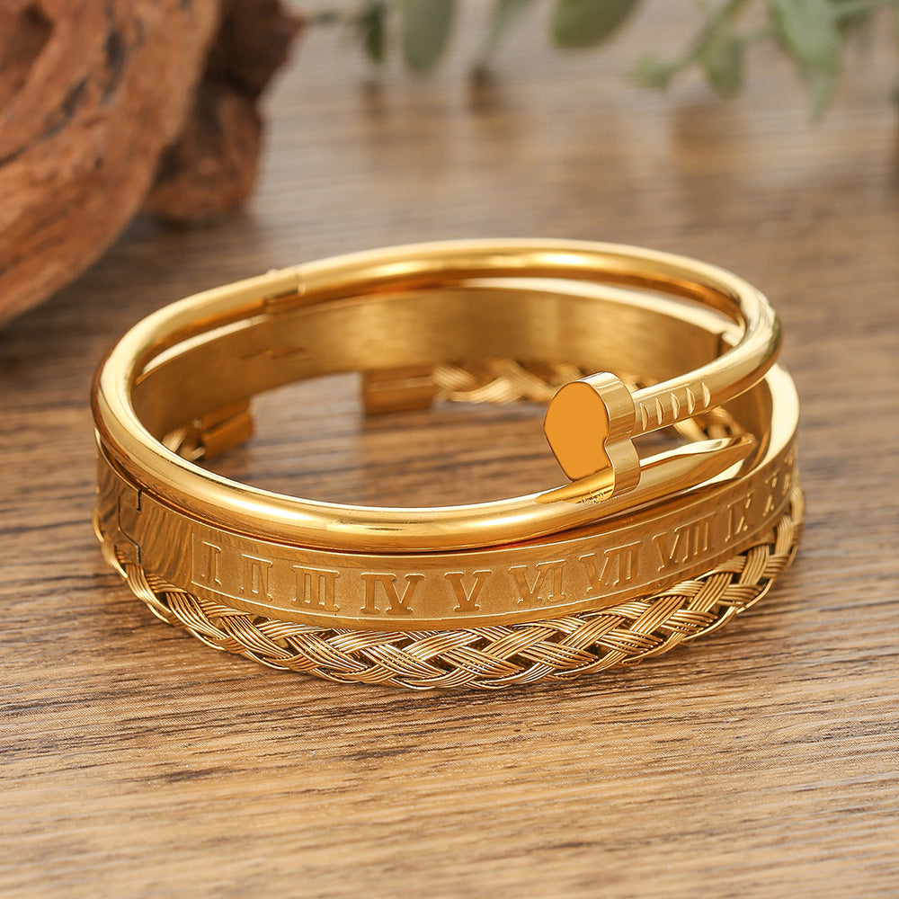 Punk Geometric Round Letter Titanium Steel Plated Open Cuff Bracelet Set for Unisex