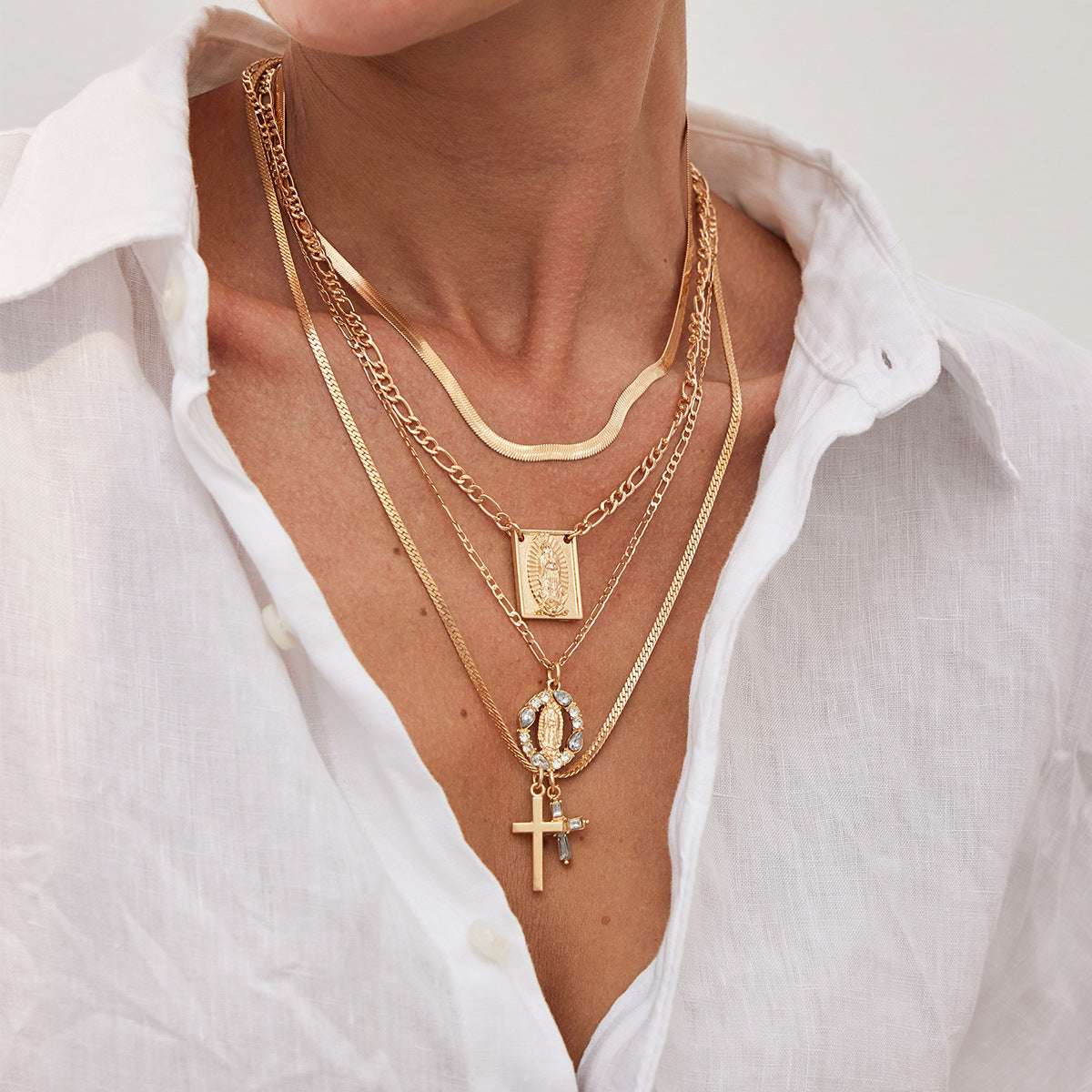 Hip-hop Geometric Cross Alloy Pendant Necklace with Rhinestone Inlay and Tassel Snake Chain for Unisex