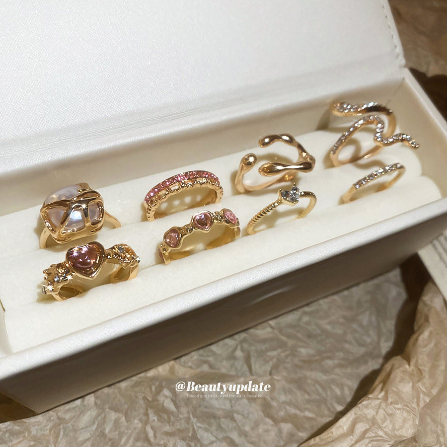 Set Anelli da Donna a Cuore Aperti Geometrici Lussuosi Minimalisti in Lega con Intarsio di Strass