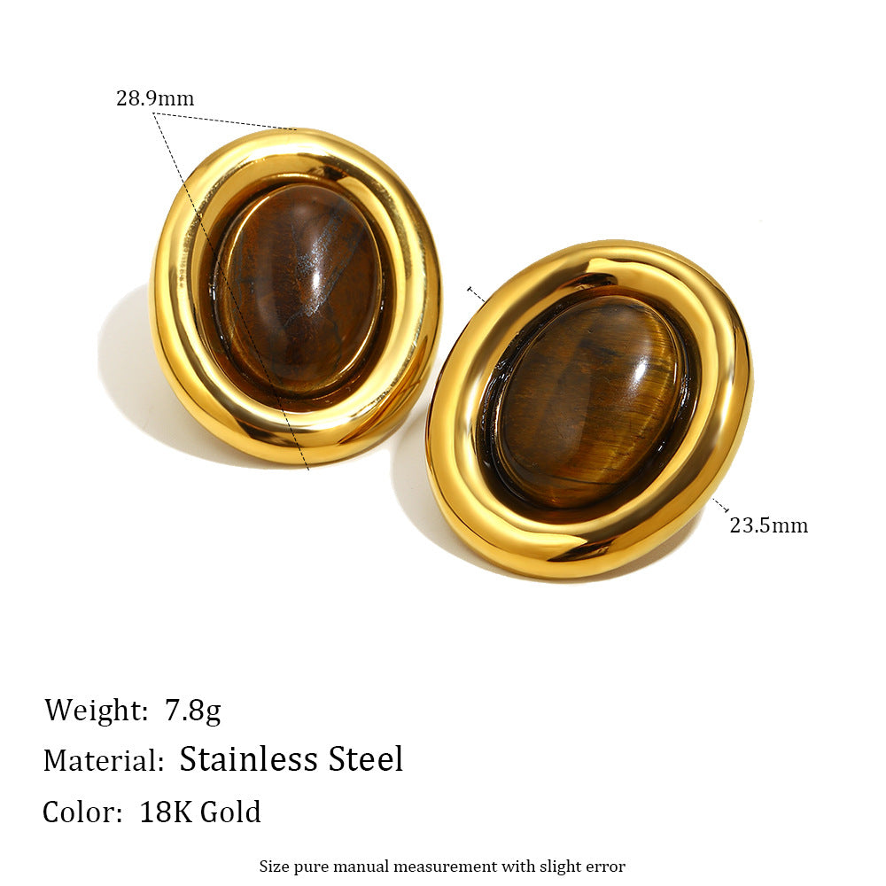 Minimalist Oval Tiger Eye Cross Necklace in Stainless Steel with 18K Gold Plating for Women