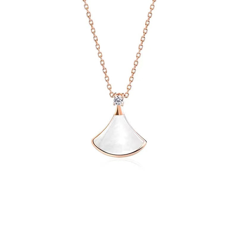 Minimalist Irregular Skirt Fan Shape Rose Gold Plated Titanium Steel Necklace with White Mother of Pearl