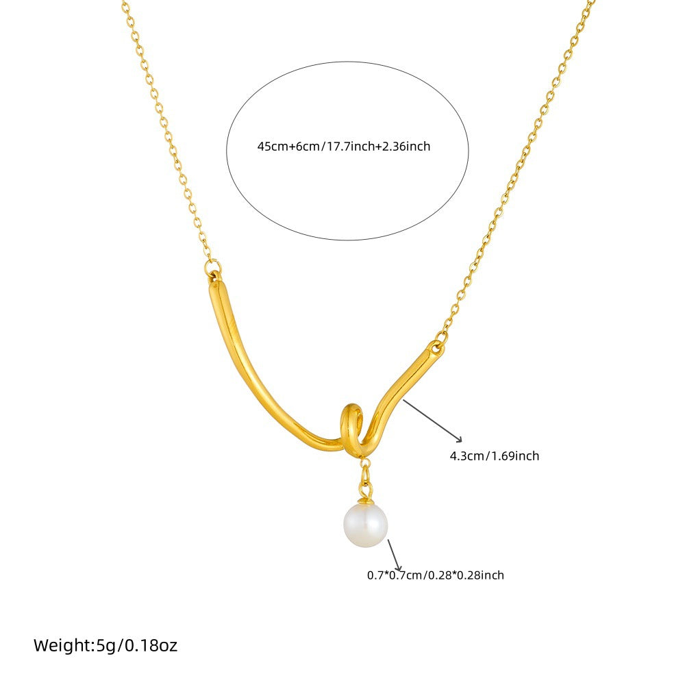 Collana con Ciondolo a Perla a V intrecciato a Nodo Geometrico alla Moda in Acciaio Inossidabile Placcato Oro su Catena O