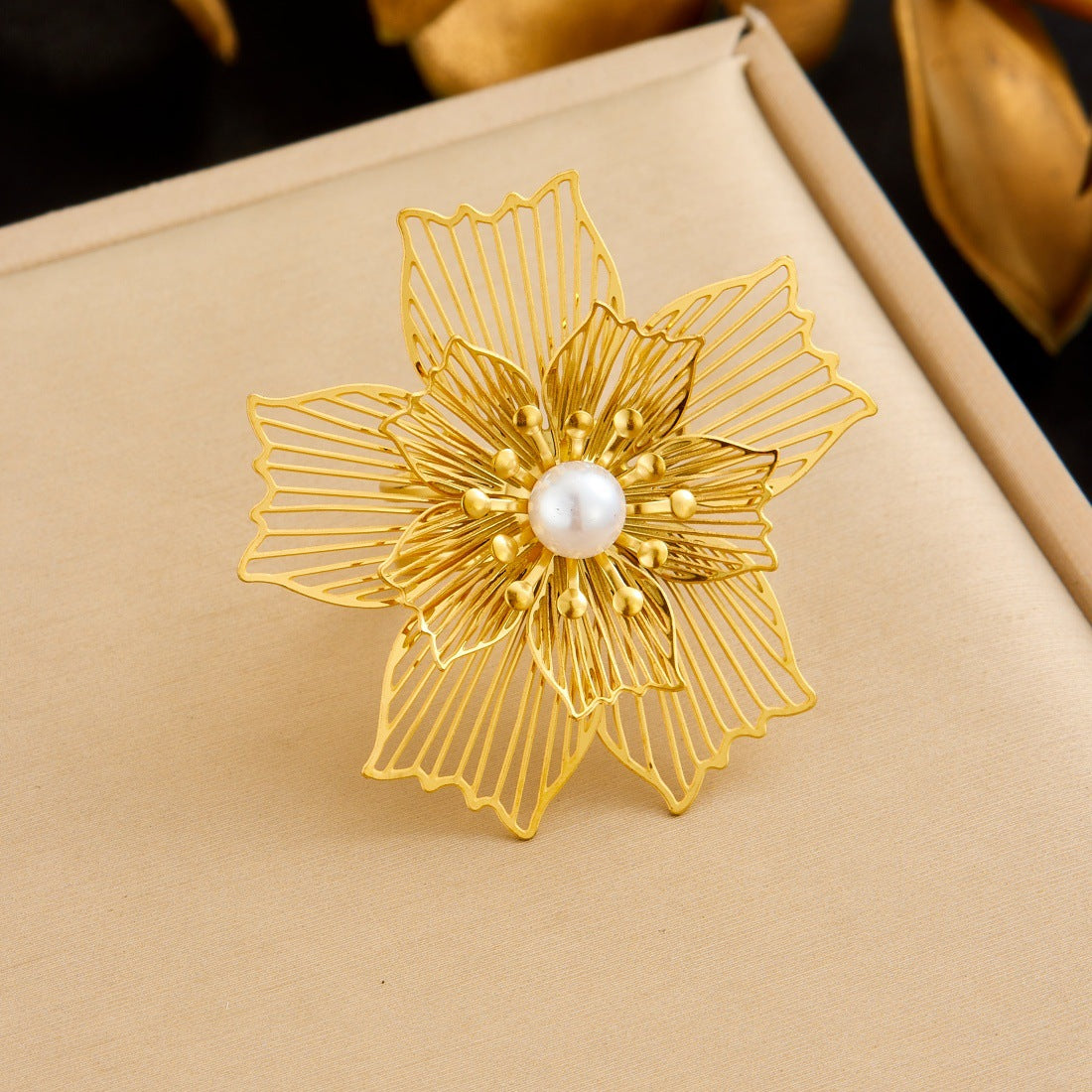 Gold Plated Stainless Steel Hollow Layered Flower Butterfly Ring for Women