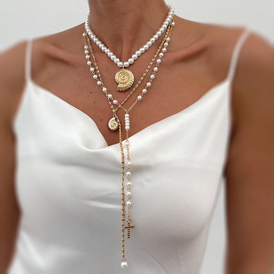 Minimalist Seashell Cross Pendant Necklace with Pearl Y-Shape Chain for Women
