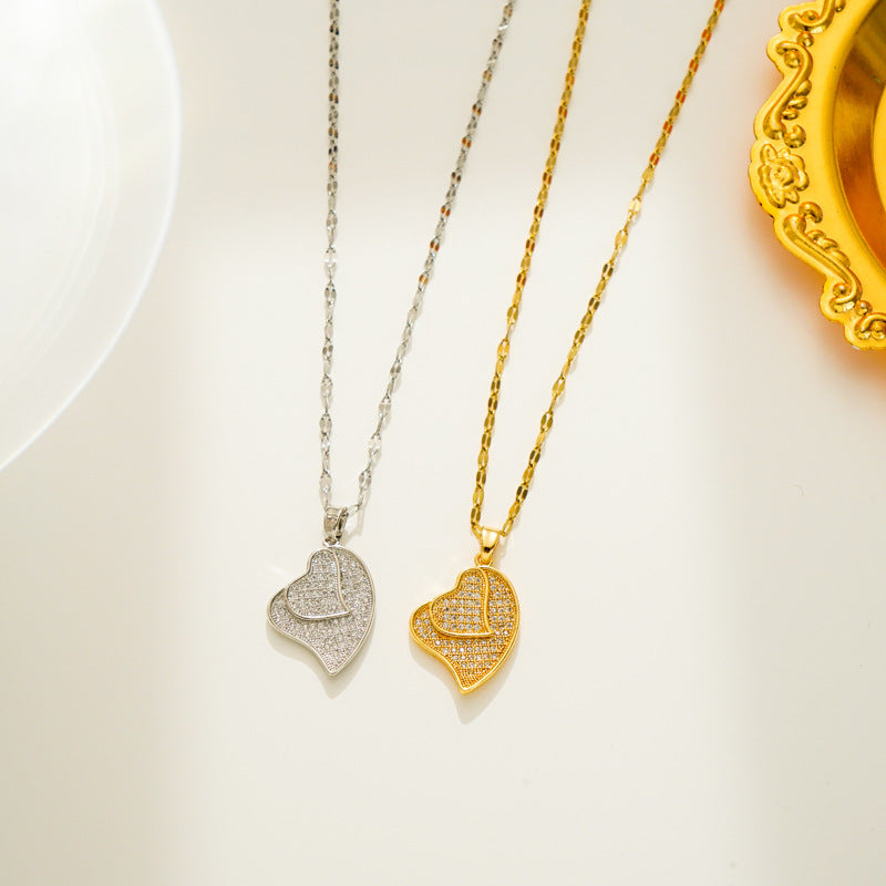 Collar Minimalista de Acero de Titanio con Forma de Corazón, Colgante de Circonitas Microengastadas y Baño de Oro de 18K para Mujer