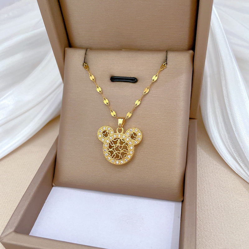 Collana Pendente Gatto Minimalista in Acciaio al Titanio con Intarsi in Strass per Uomo e Donna, Catena a Medaglione con Design Traforato