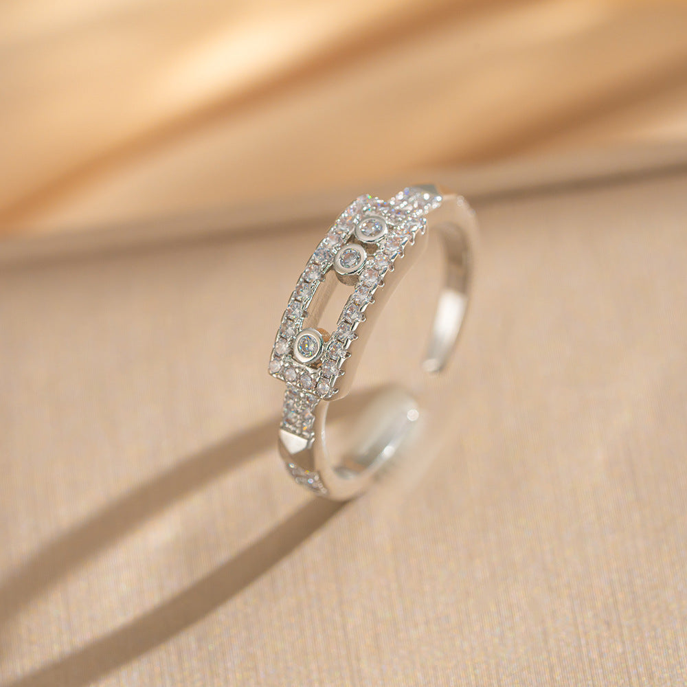 Luxury Minimalist Adjustable Open Ring for Women with Gold-Plated Copper Band and Zircon Stone Accent in Heart and Floral Shape