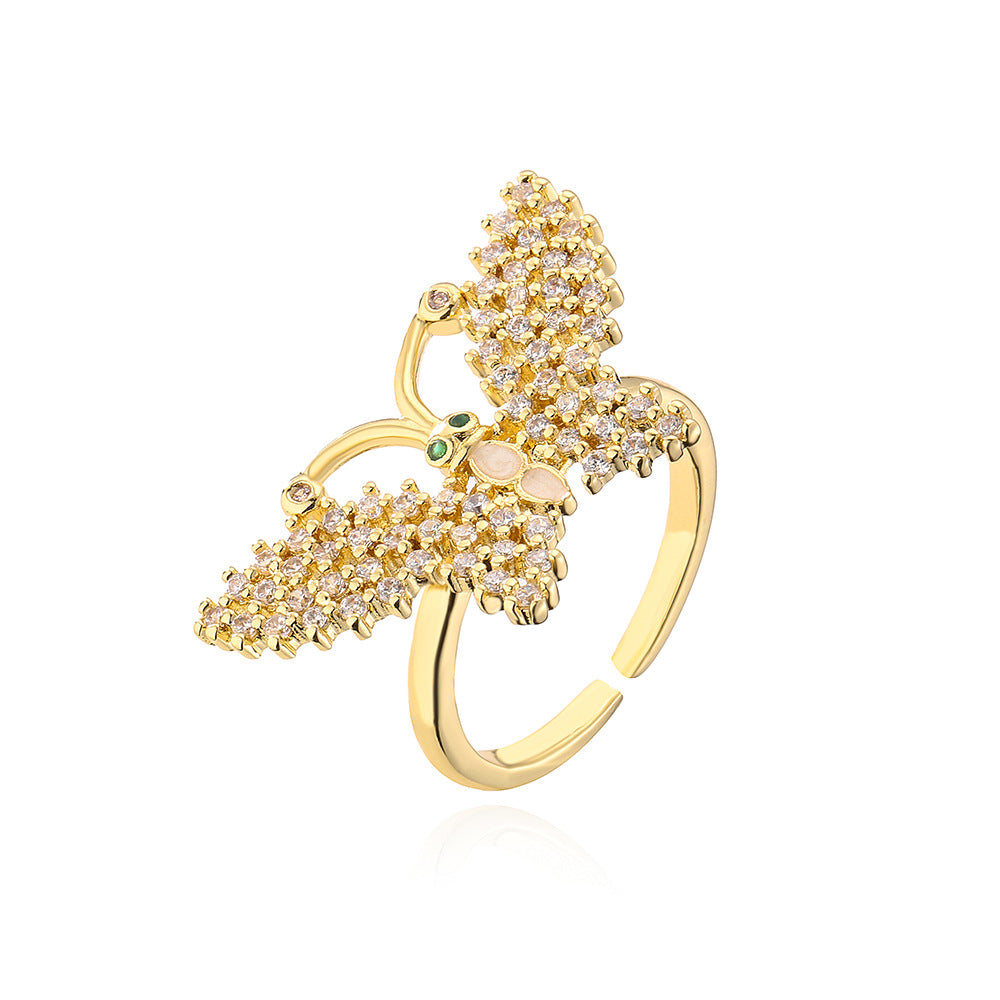 Butterfly-Shaped Geometric Open Ring for Women in Copper with 18K Gold Plating and Zircon Inlay