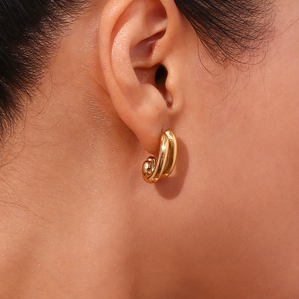 Minimalist Fashion Stainless Steel Plated 18K Gold Double-Layer Banana-Shaped Earrings for Women