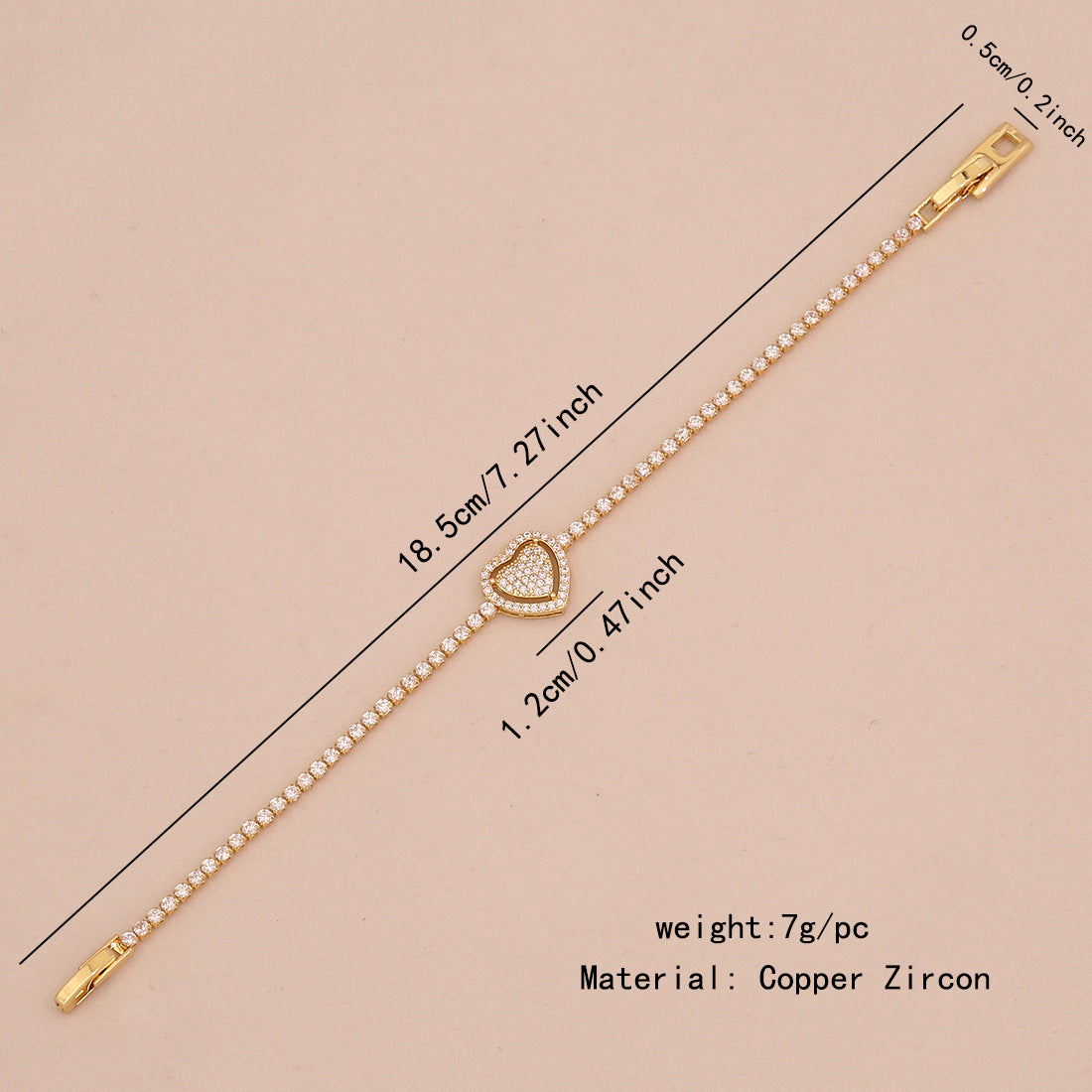 Bracciale da donna placcato oro 18K con zirconi, design alla moda a cuore e floreale