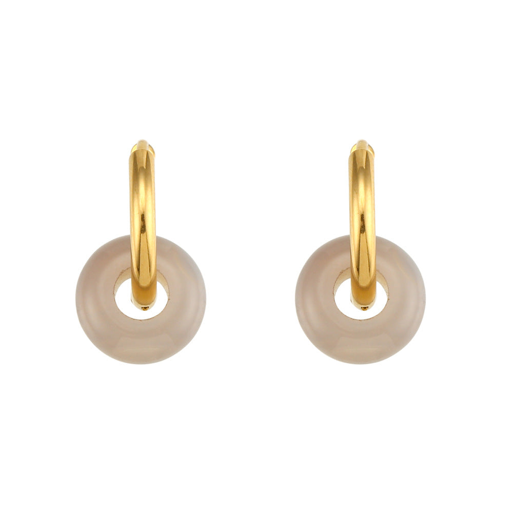 Vintage-Inspired Geometric Stainless Steel Earrings with 18K Gold Plating and Natural Sunstone Cat's Eye Accents for Women