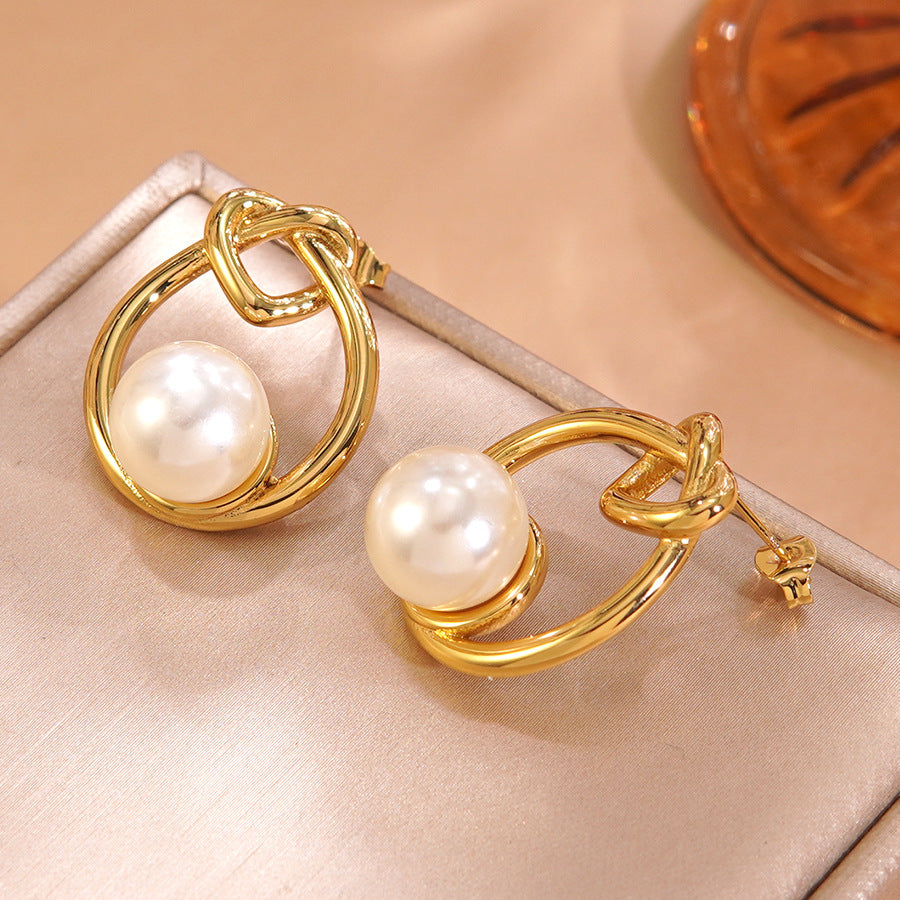 Elegant Minimalist Geometric Heart Knot Stainless Steel Stud Earrings with Pearl Inlay