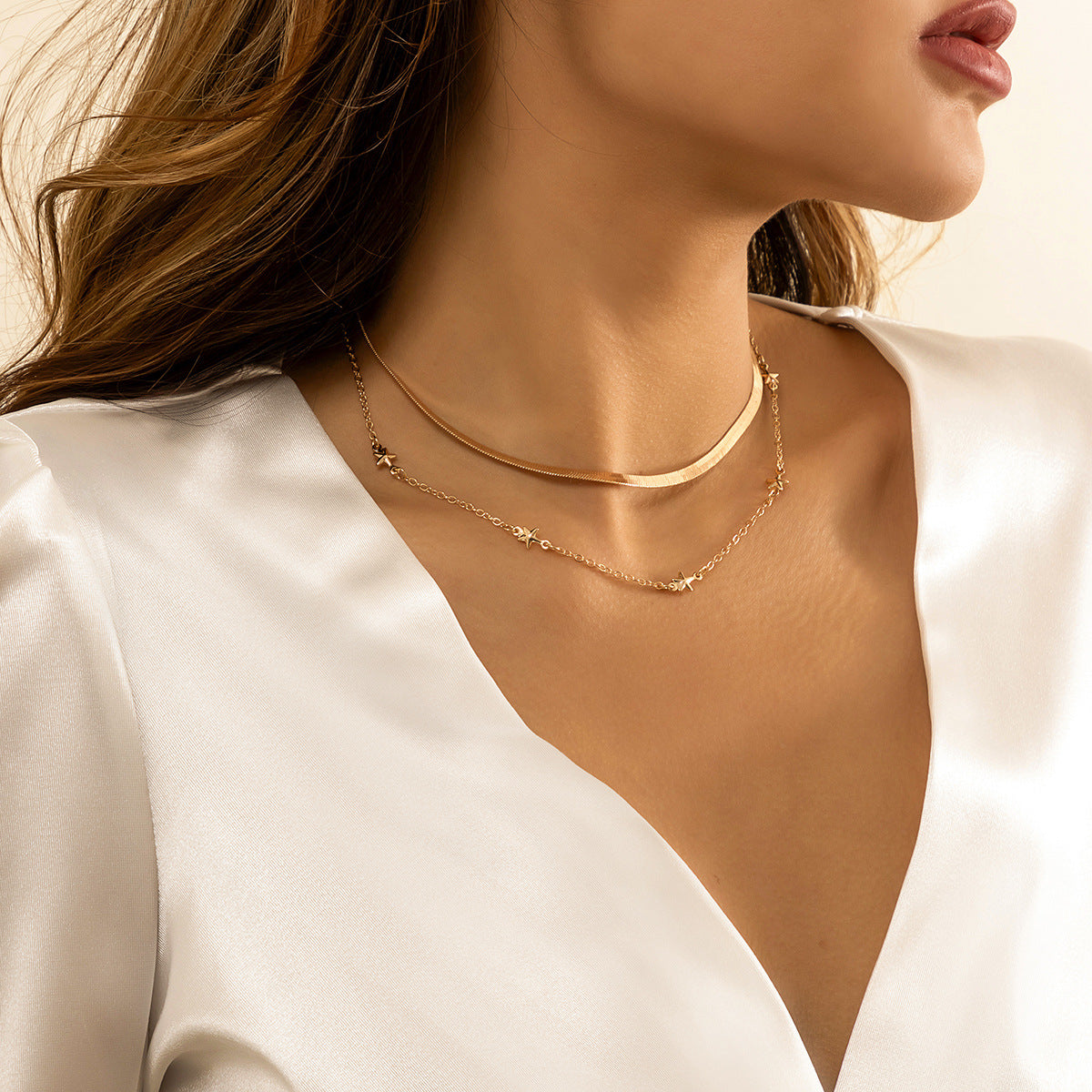 Punk Hip-hop Geometric Oval Plated Alloy Double Layer Snake Chain Necklace for Women
