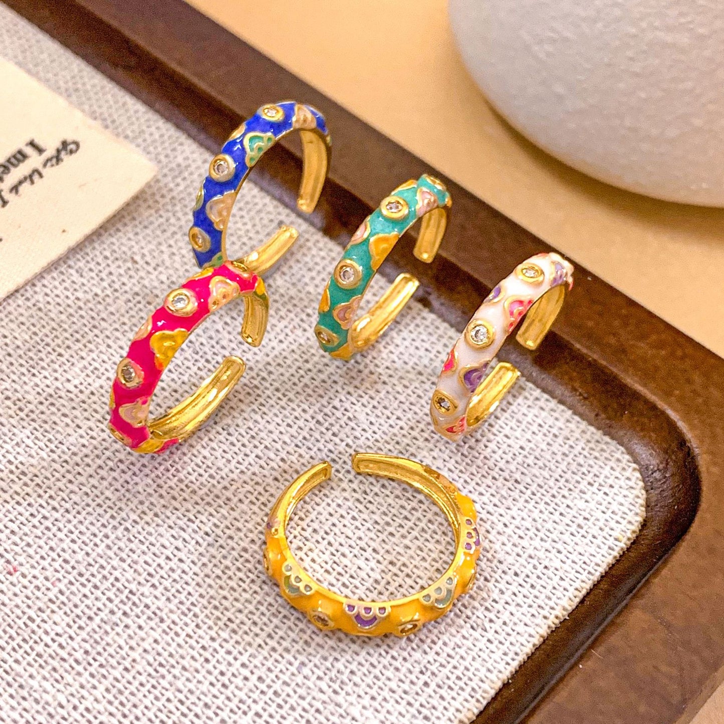 Vintage Sweet Enamel Gold Plated Brass Heart Open Ring for Women