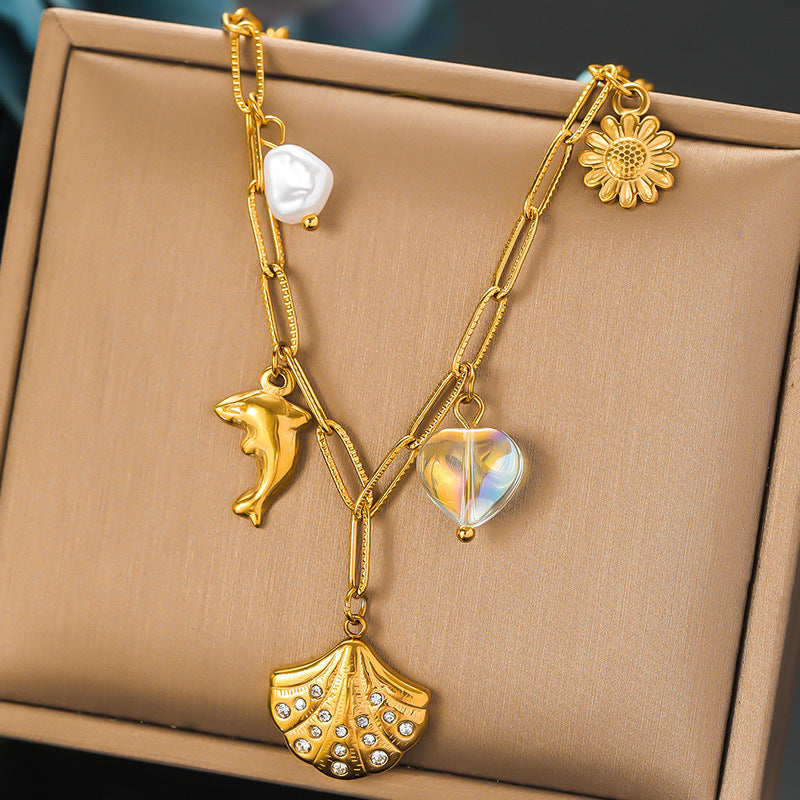 Vintage Gold Plated Heart Dolphin Pendant Stainless Steel Necklace with Rhinestone and Pearl for Women