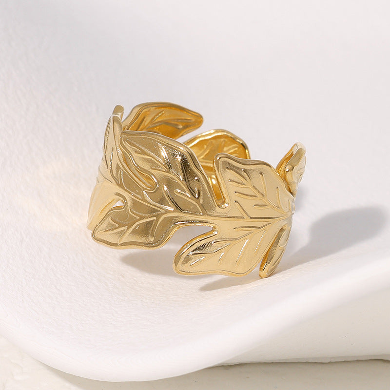 Minimalist Leaf-Shaped Stainless Steel Ring with Plated Finish for Women Tropical Vacation Style