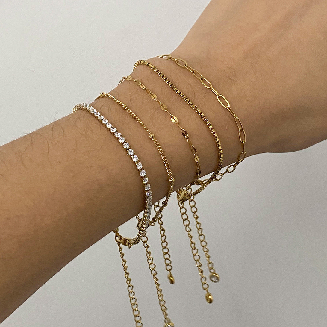 Bracciale geometrico in acciaio inossidabile con strass e finitura placcata da donna, gioiello alla moda con catena in metallo minimalista