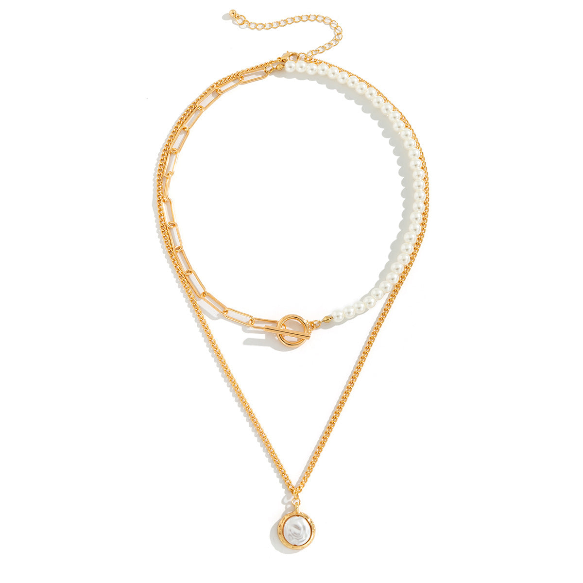 Collana Vintage con Pendente Rotondo Geometrico in Lega, Catena a Croce e Placcatura in Rodio