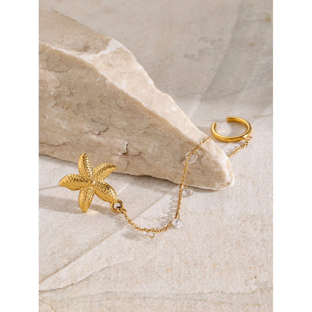 Ins Style Summer Ocean Series 18K Gold Plated Stainless Steel Starfish Rhestone Clip-on Earrings for Women