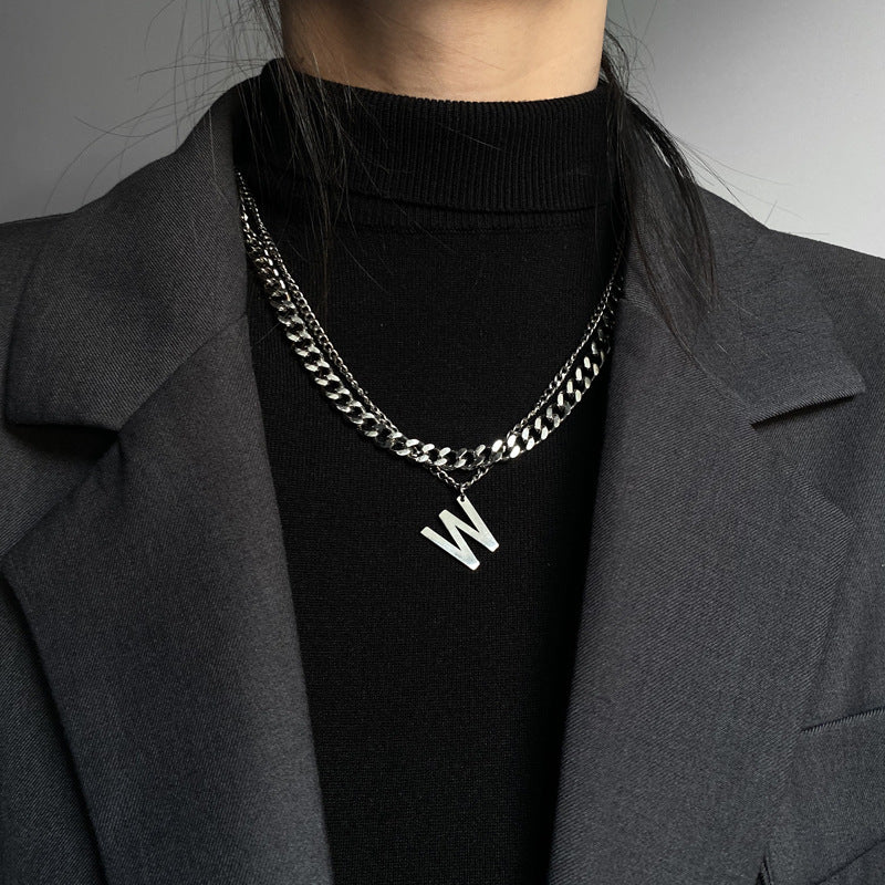 Minimalist W-Shaped Cuban Link Necklace for Women and Men Titanium Steel Polished Double Layer Choker Chain
